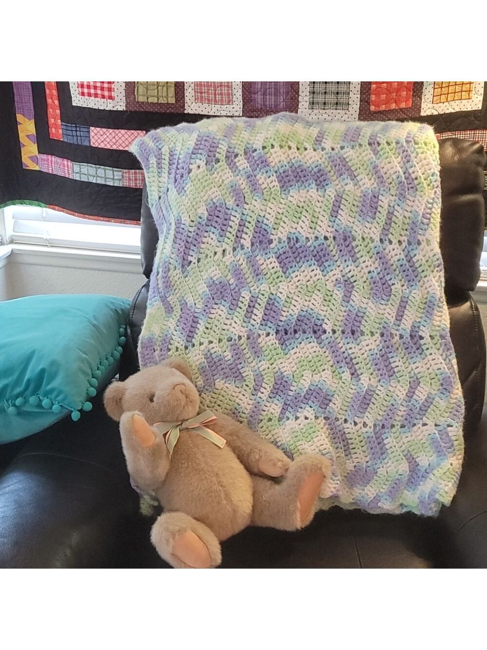 Vintage handmade purple & Green Crochet Afghan
